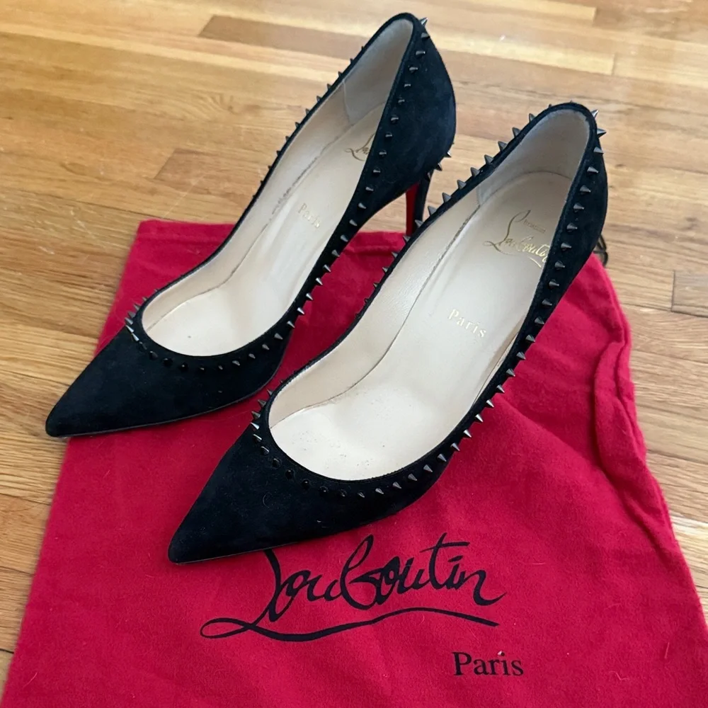 Christian Louboutin Black Suede Studded Heels - Picture 1 of 8